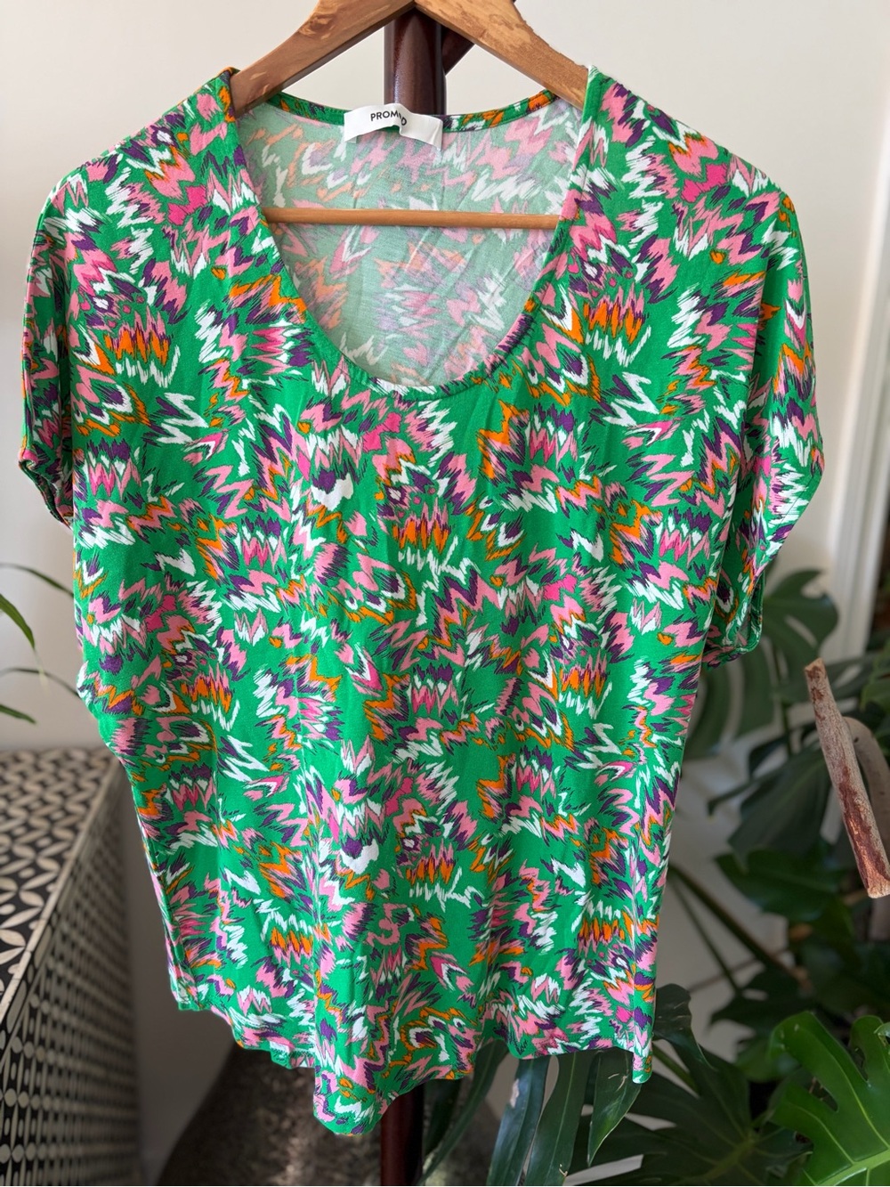 Promod Green Multicolor Abstract Short Sleeve Tee